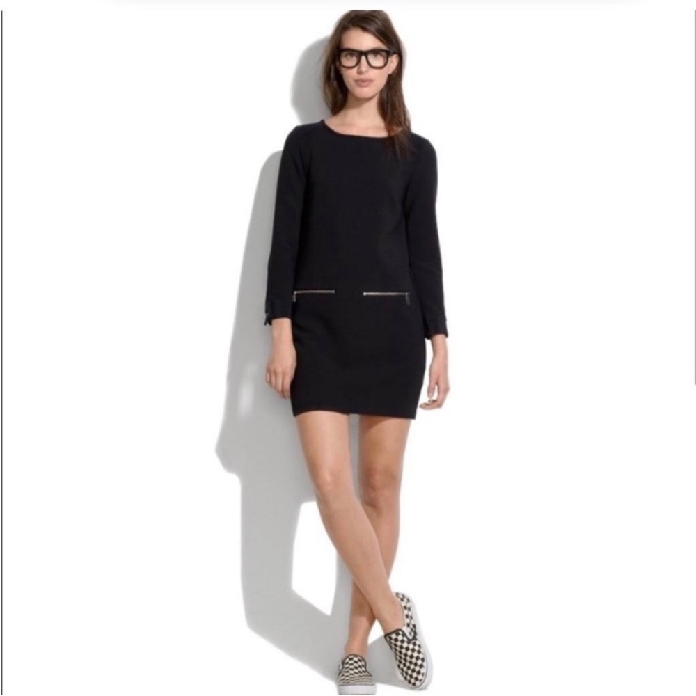 Madewell black round neck pullover zipper front pockets sheath 3/4 sleeves dress